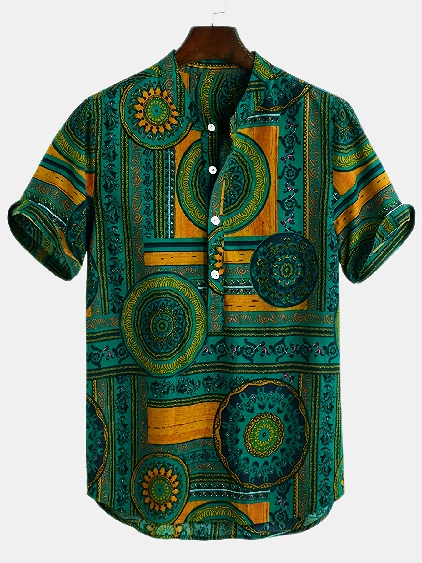 Men's Ethnic Style Geometric Graphic Short Sleeve And Stand Collar Henley Shirt, Chic And Trendy Tops For Summer Leisurewear And Vacation Resorts