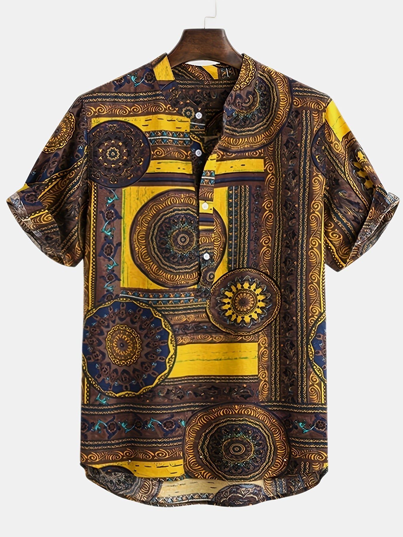 Men's Ethnic Style Geometric Graphic Short Sleeve And Stand Collar Henley Shirt, Chic And Trendy Tops For Summer Leisurewear And Vacation Resorts