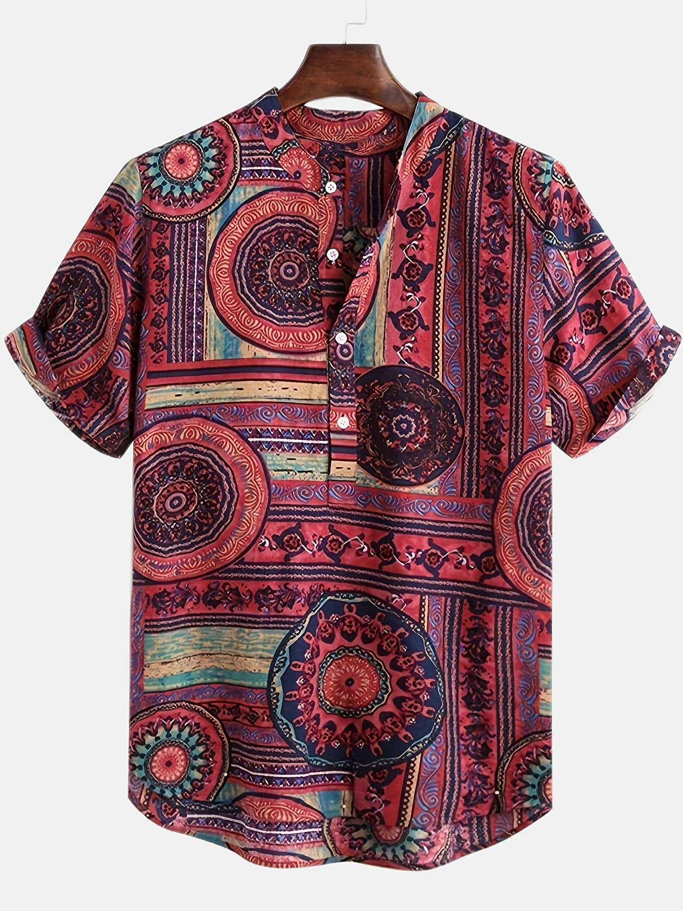 Men's Ethnic Style Geometric Graphic Short Sleeve And Stand Collar Henley Shirt, Chic And Trendy Tops For Summer Leisurewear And Vacation Resorts