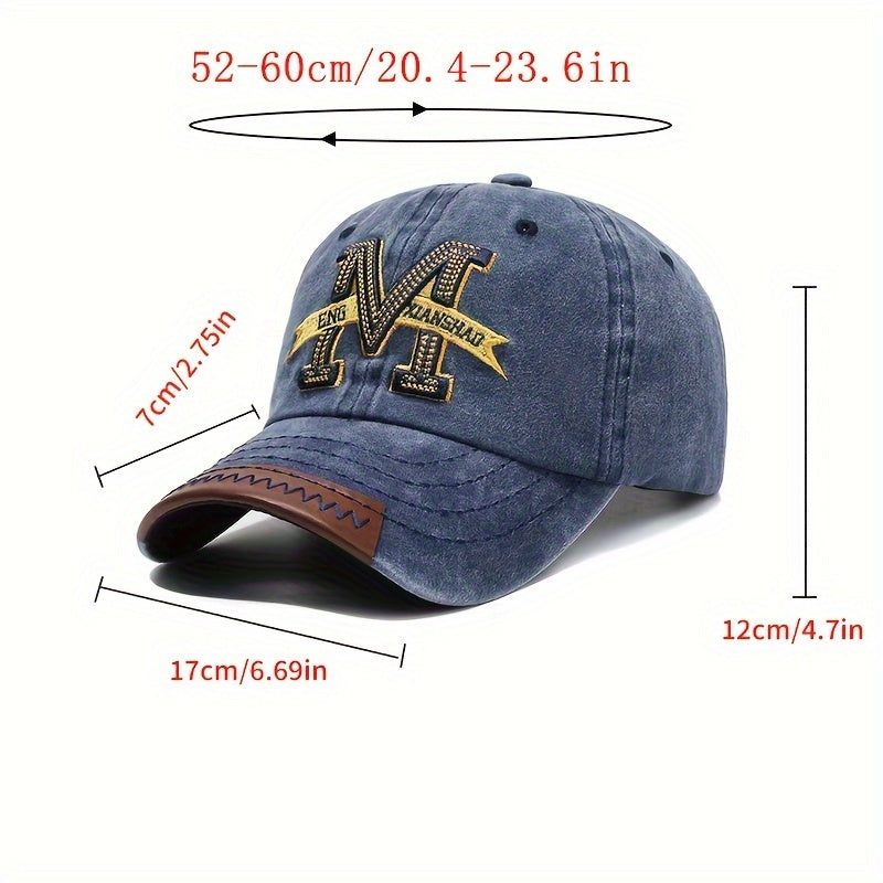 Spring And Autumn Retro Washed Denim Duckbill Cap, Fashionable Outdoor Sun Baseball Hat, With Old Letter M Embroidery, For Men Women