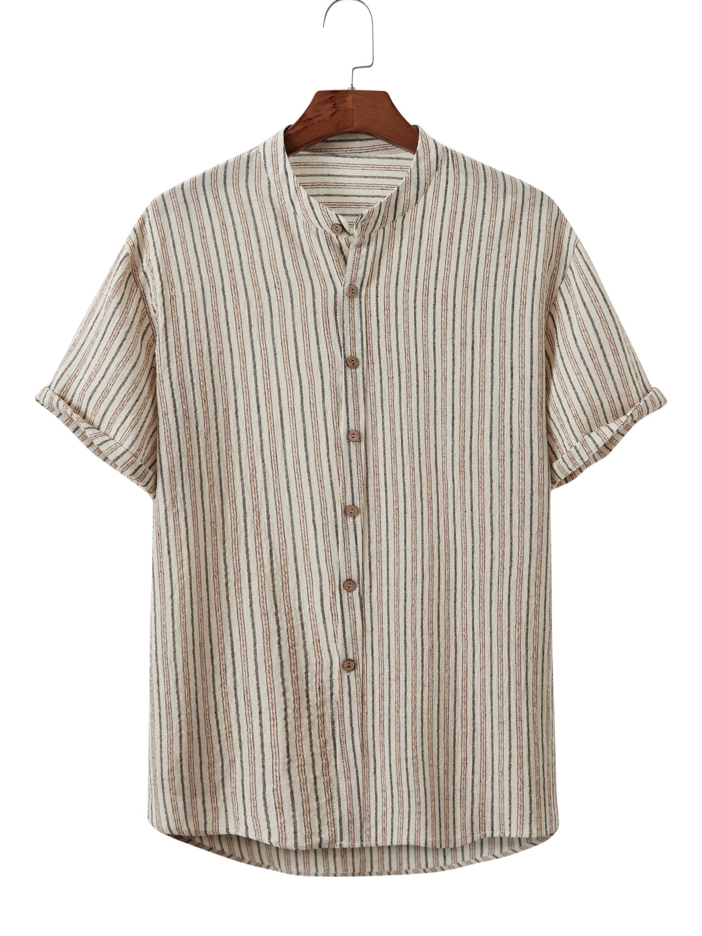 Chemise décontractée à manches courtes et col montant pour homme, à rayures, imprimée, boutonnée, pour les vacances d'été, style hawaïen