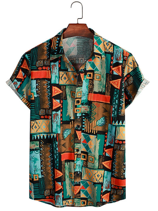 Men's Retro Casual Shirt, Men's Geometric-pattern Short Sleeve Shirt