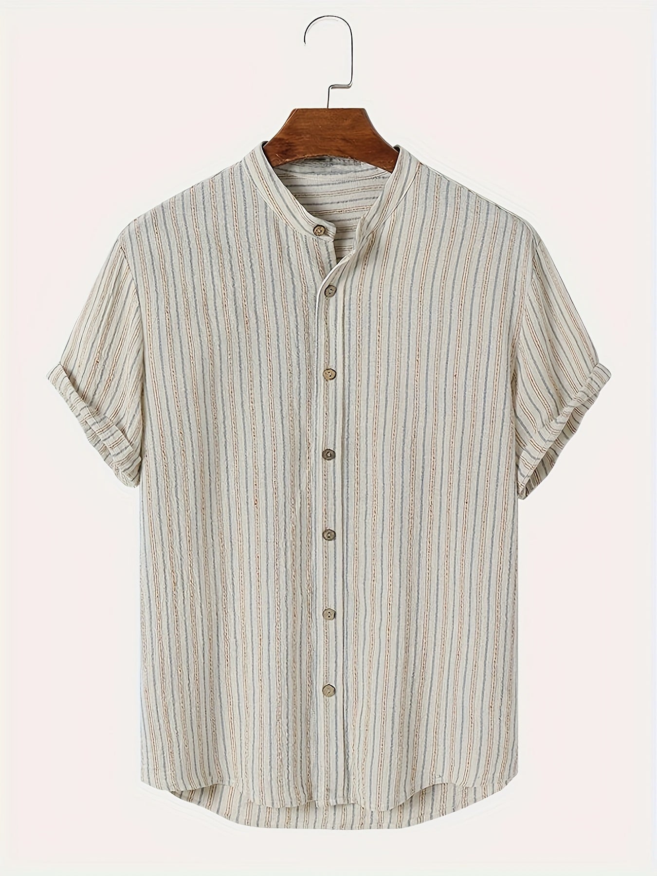 Men's Casual Stripe Print Short Sleeve Button Down Stand Collar Shirt For Summer Resort Holiday, Hawaiian Style