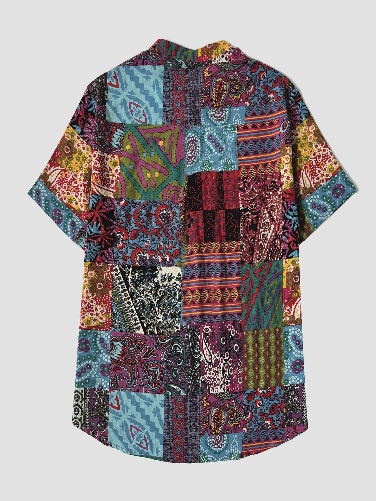 Men's Ethnic Style Geometric Graphic Short Sleeve And Stand Collar Henley Shirt, Chic And Trendy Tops For Summer Leisurewear And Vacation Resorts