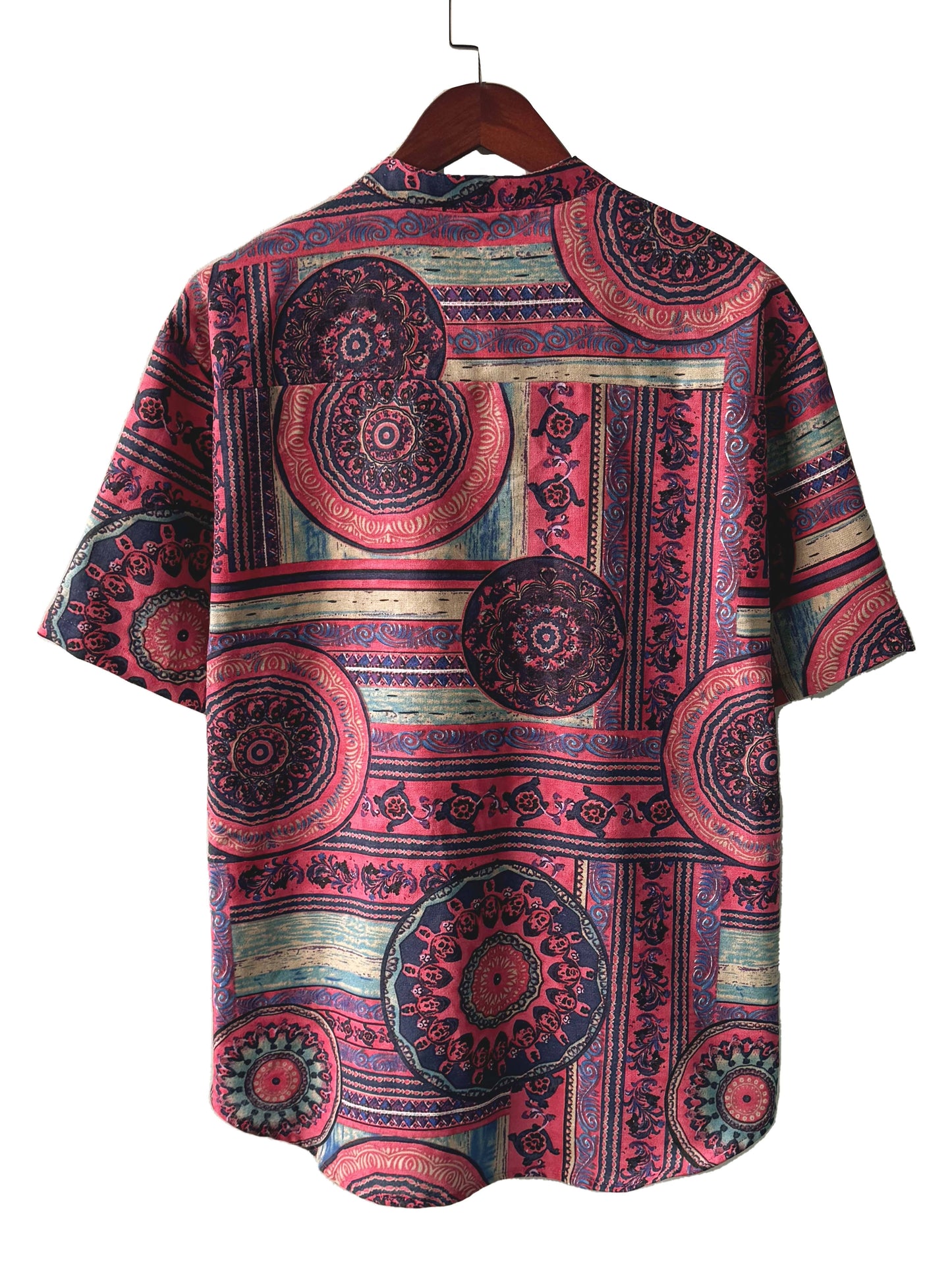 Men's Ethnic Style Geometric Graphic Short Sleeve And Stand Collar Henley Shirt, Chic And Trendy Tops For Summer Leisurewear And Vacation Resorts