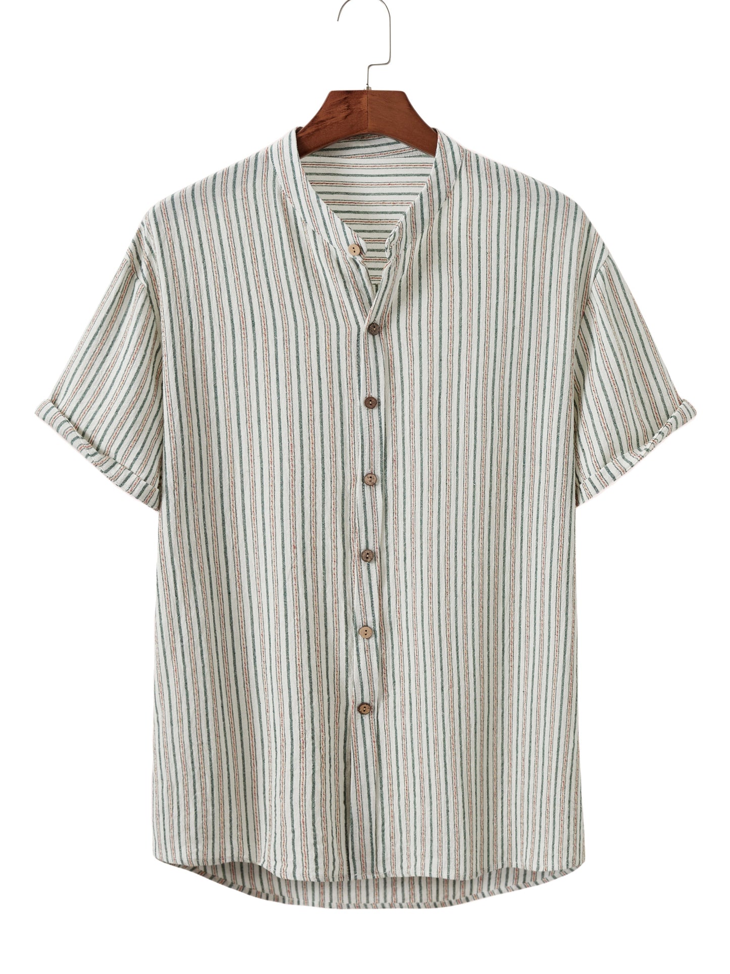 Men's Casual Stripe Print Short Sleeve Button Down Stand Collar Shirt For Summer Resort Holiday, Hawaiian Style