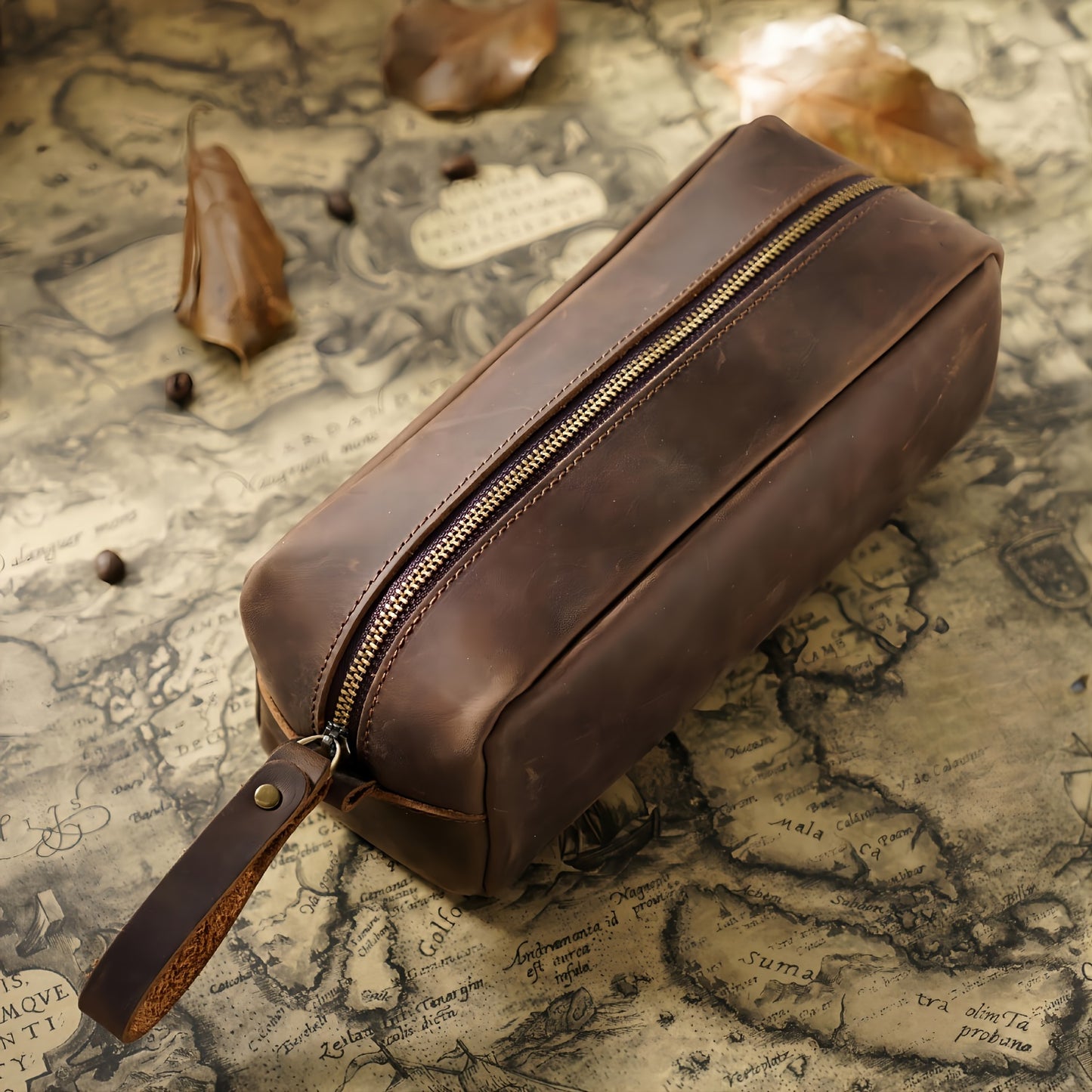 Vintage Style Zipper Handbag, Genuine Crazy  Leather Men's Grab Bag, Top Layer Cowhide Large Capacity Pencil Case, Ideal Gifts For Father Mother Birthday