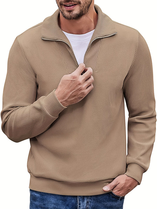 Men's Solid Color Long Sleeve Zipper Lapel T-shirt For All Seasons, Casual Trendy Slim Cotton Blend Tops As Gift