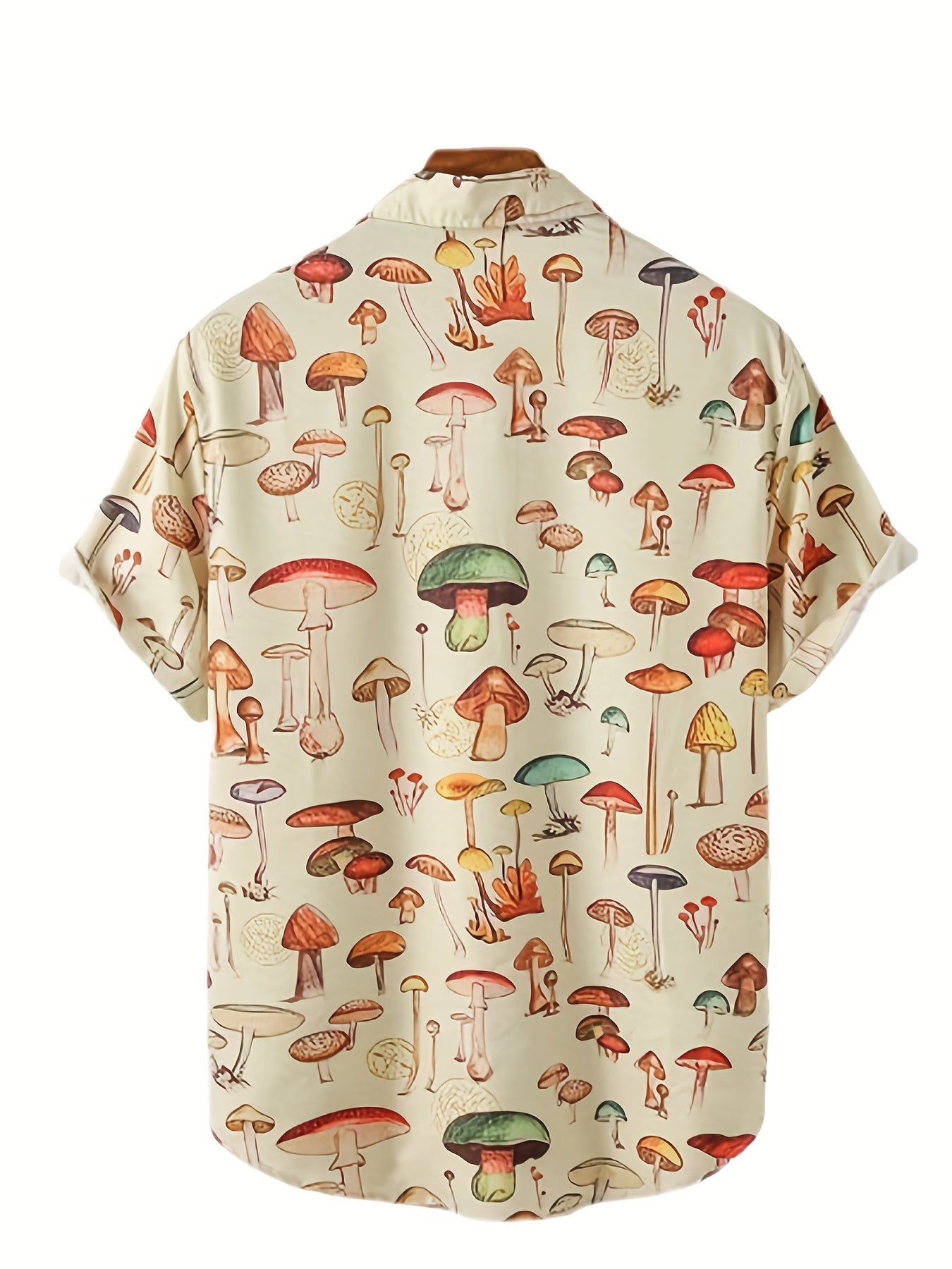 Fashion Trendy Men's Summer Lapel Mushroom Print Short Sleeve Beach Shirt, For Suffering In Summer