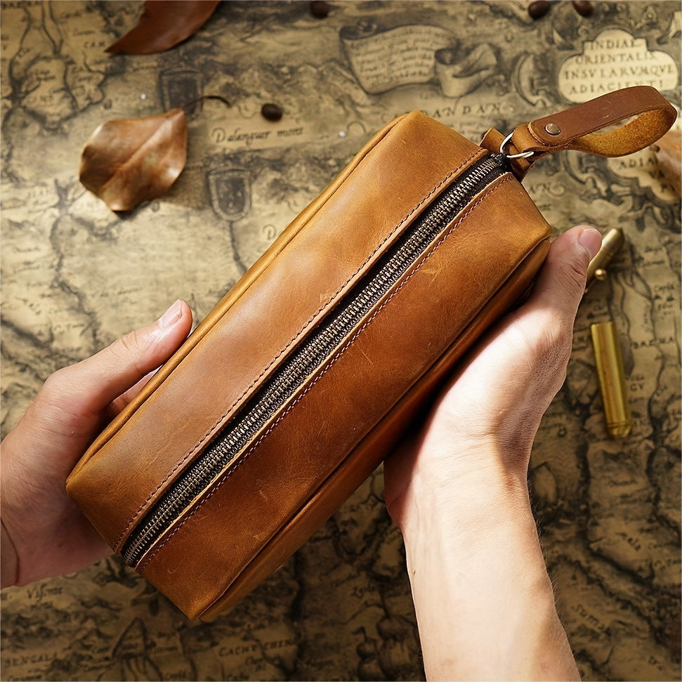 Vintage Style Zipper Handbag, Genuine Crazy  Leather Men's Grab Bag, Top Layer Cowhide Large Capacity Pencil Case, Ideal Gifts For Father Mother Birthday