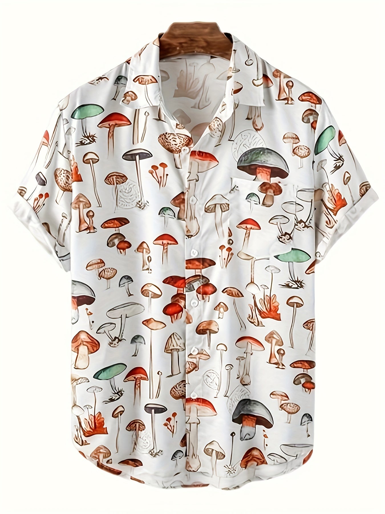 Fashion Trendy Men's Summer Lapel Mushroom Print Short Sleeve Beach Shirt, For Suffering In Summer