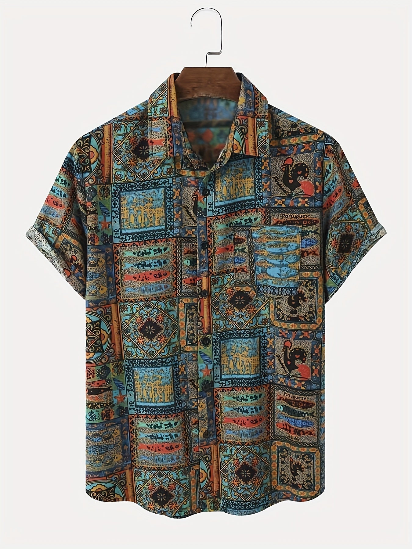 Ethnic Tribal Print Men's Summer Fashionable And Simple Short Sleeve Button Casual Lapel Simple Shirt, Trendy And Versatile, Suitable For Dates, Beach Holiday, As Gifts