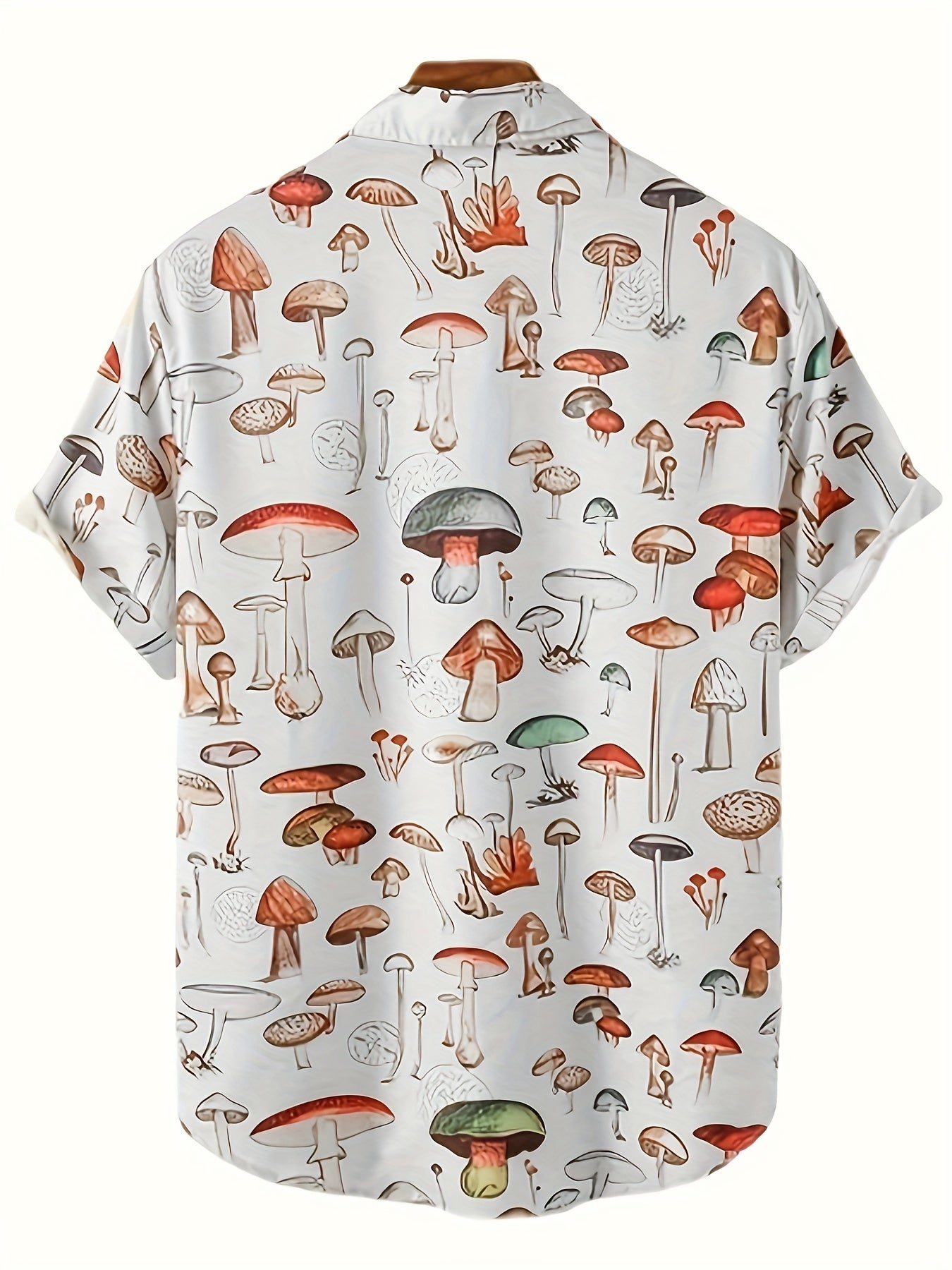 Fashion Trendy Men's Summer Lapel Mushroom Print Short Sleeve Beach Shirt, For Suffering In Summer