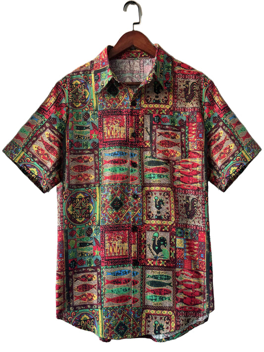 Ethnic Tribal Print Men's Summer Fashionable And Simple Short Sleeve Button Casual Lapel Simple Shirt, Trendy And Versatile, Suitable For Dates, Beach Holiday, As Gifts