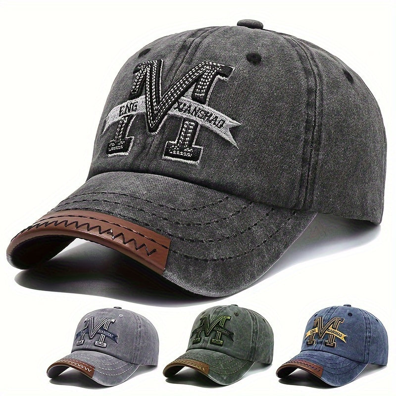 Spring And Autumn Retro Washed Denim Duckbill Cap, Fashionable Outdoor Sun Baseball Hat, With Old Letter M Embroidery, For Men Women