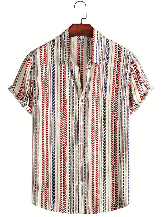 Men's Vintage Lapel Shirt - Casual Button Up Short Sleeve with Vertical Stripes and Geometric Graphics for Spring and Fall Outdoor Activities