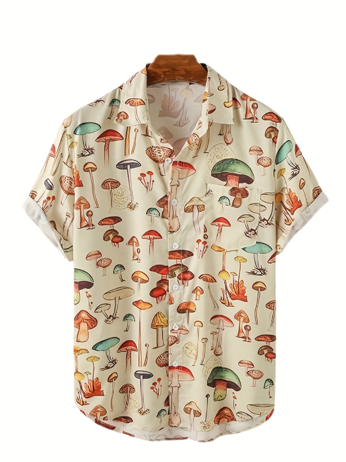 Fashion Trendy Men's Summer Lapel Mushroom Print Short Sleeve Beach Shirt, For Suffering In Summer