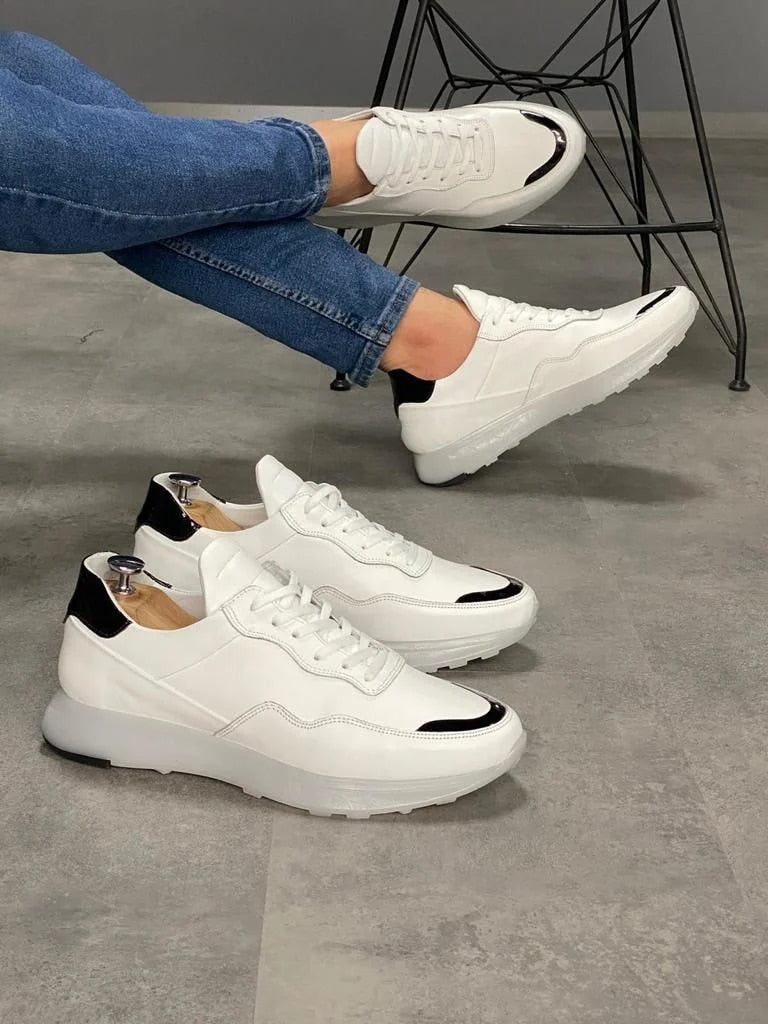 Genuine Leather Men Sneaker Shoes Unique white and black harmony with leather