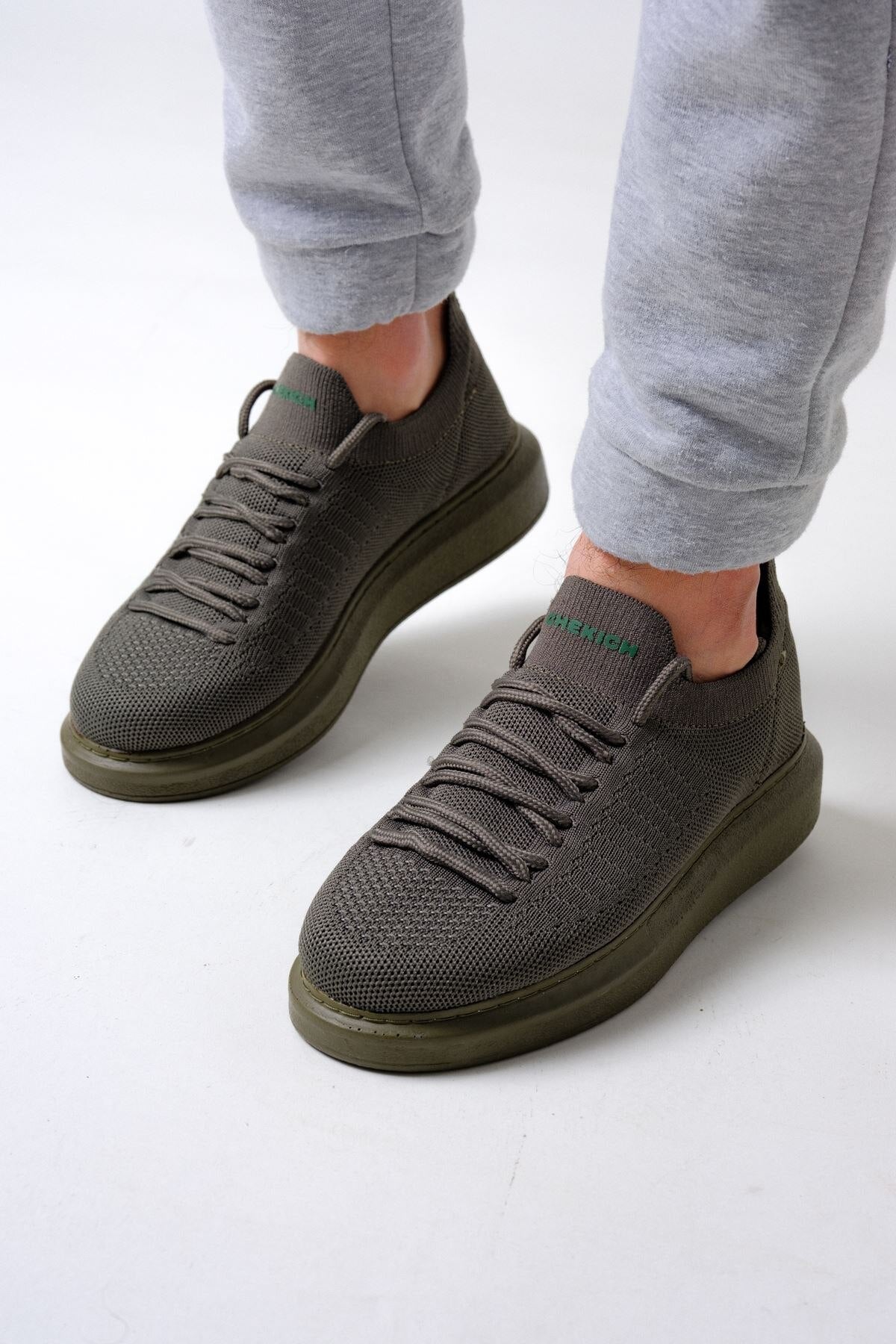 Chekich Casual Men's Shoes Khaki Color Mesh Fabric Material Lace-Up High White Sole Comfortable Odorless Fashion Sneakers CH307