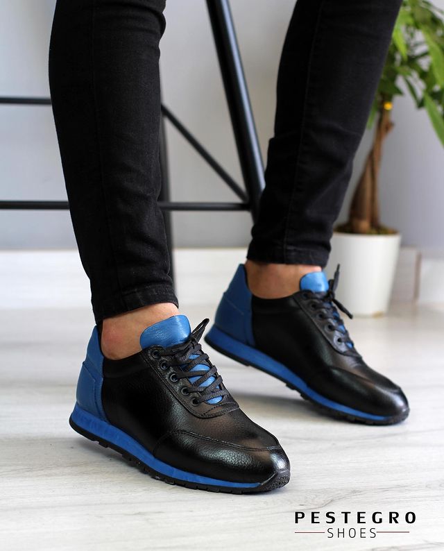 Genıine Leather Handmade Sneaker Blue-Black  2023