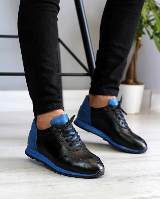 Genıine Leather Handmade Sneaker Blue-Black  2023